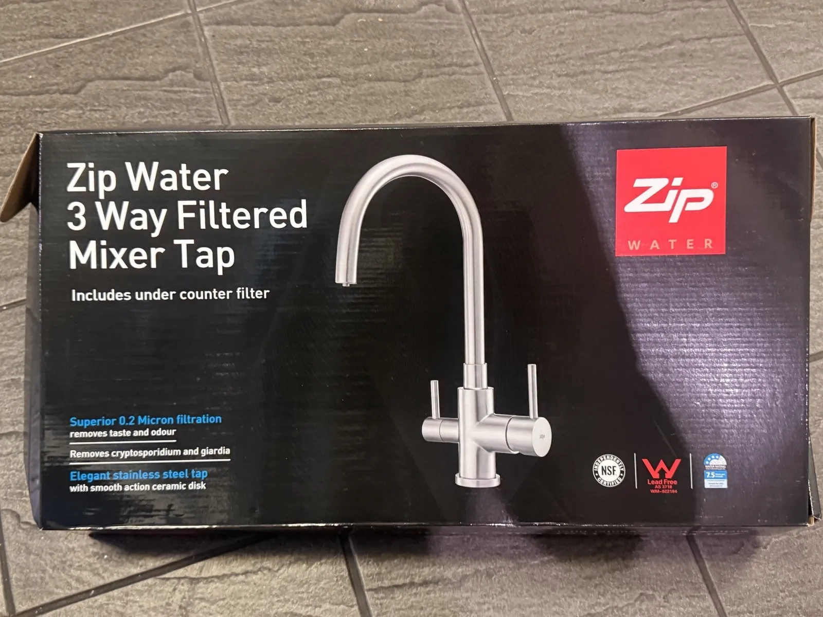 Box for the Zip Water 3 Way Filtered Mixer Tap, which includes an under-counter filter