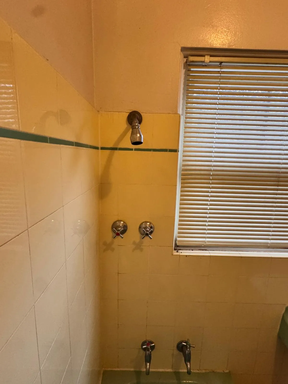 Original wall-mounted shower rose and cross handles in a yellow-tiled bathroom