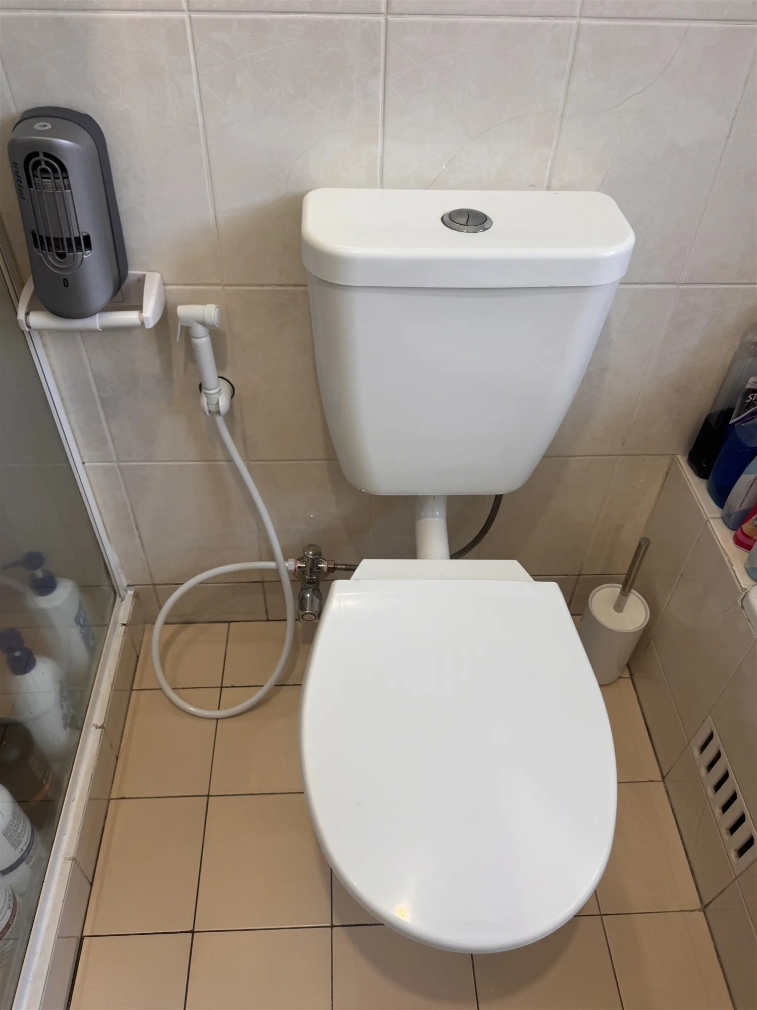 New white toilet seat installed, lid down