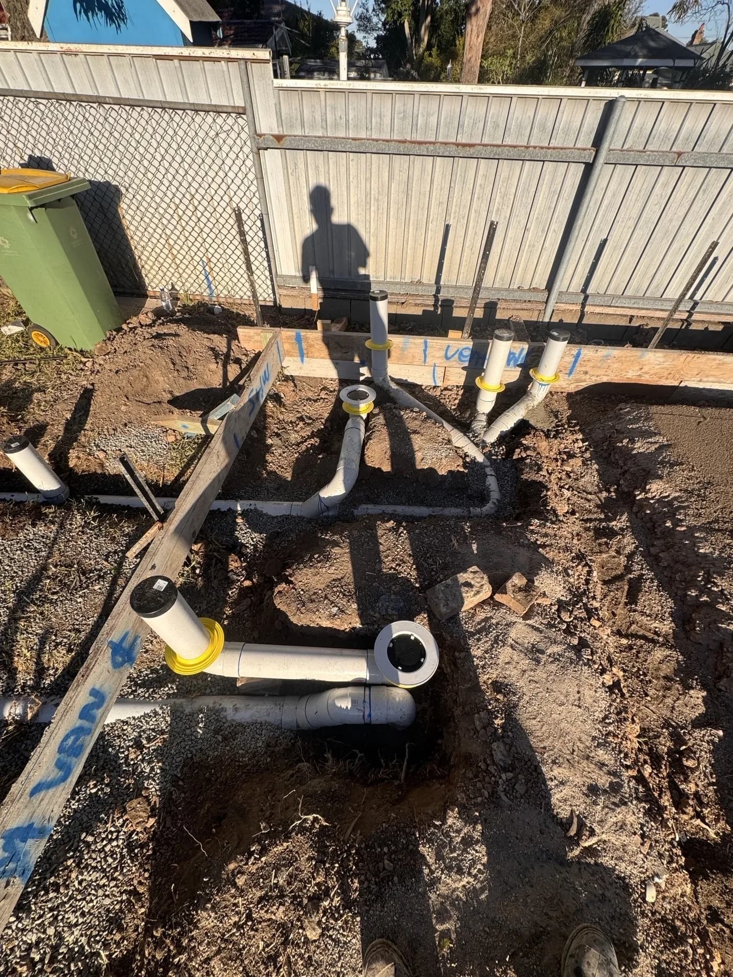 New PVC sewer drainage and risers in the ground for a granny flat